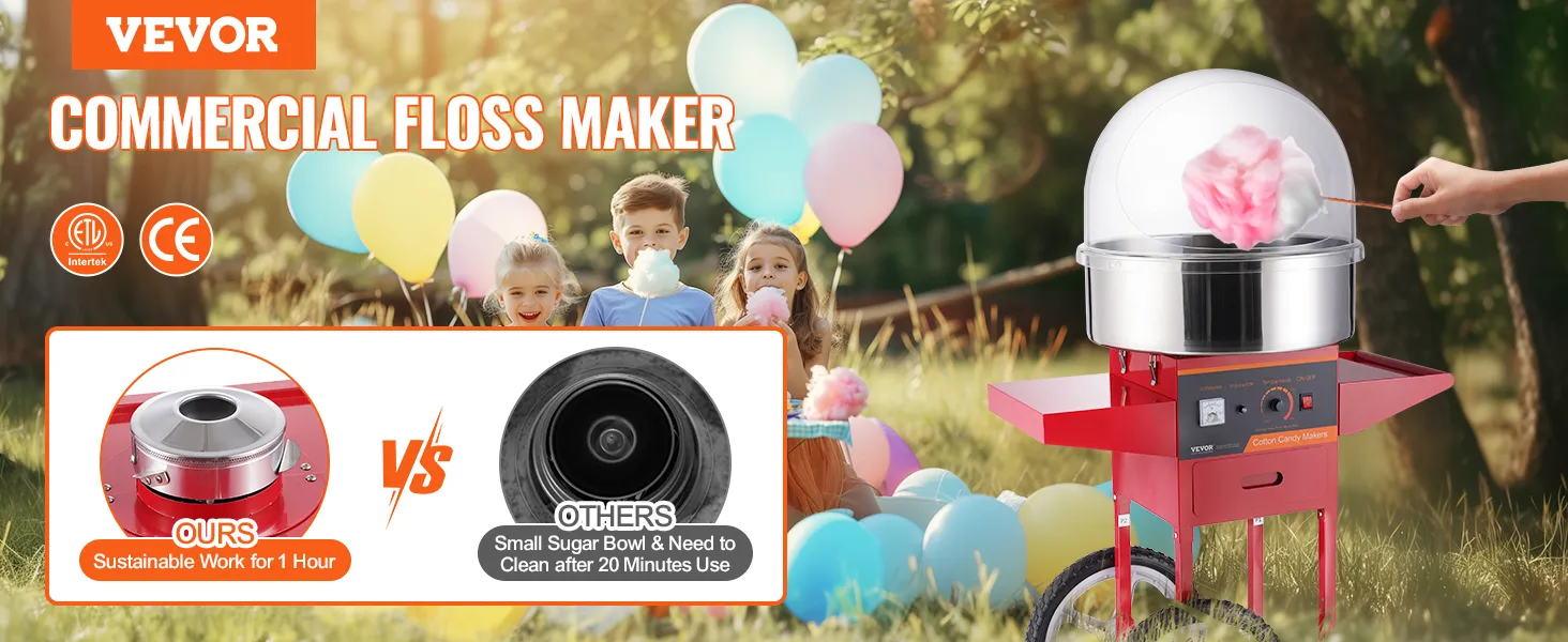 Maszyna do waty cukrowej VEVOR produkująca watę cukrową z udziałem dzieci, balonów i zalet maszyny.