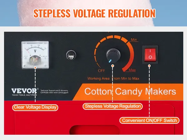 Panel sterowania maszyny do waty cukrowej VEVOR z czytelnym wyświetlaczem napięcia, bezstopniową regulacją napięcia i wygodnym przełącznikiem włączania/wyłączania.