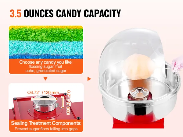 Maszyna do waty cukrowej VEVOR o pojemności 3,5 uncji, wyposażona w elementy uszczelniające zapobiegające utracie cukru.