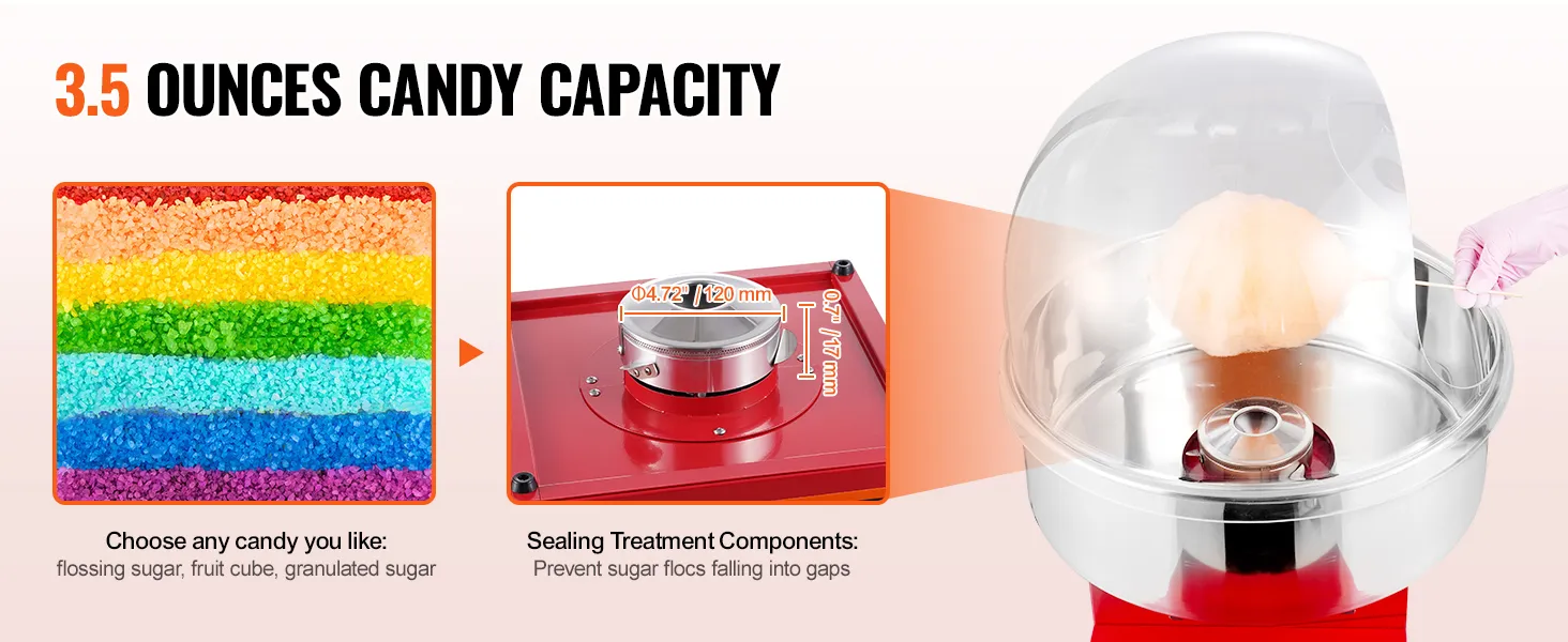 Maszyna do waty cukrowej VEVOR o pojemności 3,5 uncji, wyposażona w elementy uszczelniające zapobiegające utracie cukru.