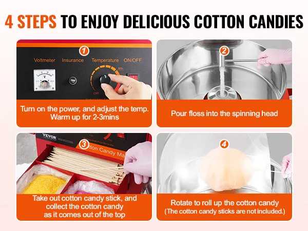 4 kroki użytkowania maszyny do waty cukrowej VEVOR: włącz urządzenie, wsyp nić dentystyczną, nabierz ją na patyk i zroluj.