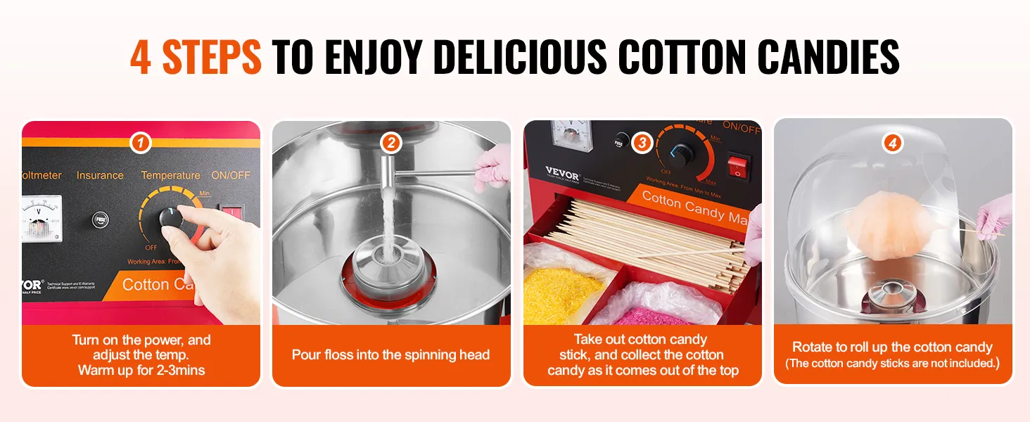 4 kroki użytkowania maszyny do waty cukrowej VEVOR: włącz urządzenie, wsyp nić dentystyczną, nabierz ją na patyk i zroluj.