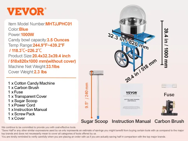 Elektrische suikerspinmachine van VEVOR met een kom van 100 gram, een vermogen van 1000 W, blauwe kleur en meegeleverde accessoires.