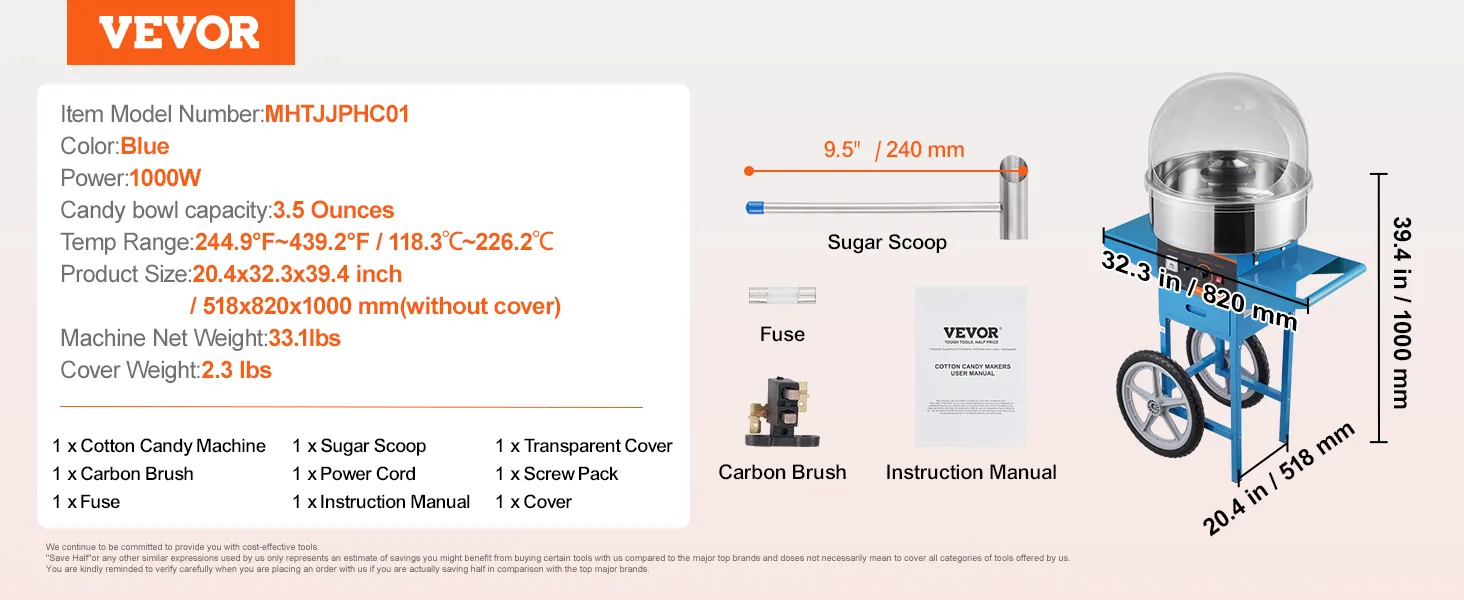 Elektrische suikerspinmachine van VEVOR met een kom van 100 gram, een vermogen van 1000 W, blauwe kleur en meegeleverde accessoires.
