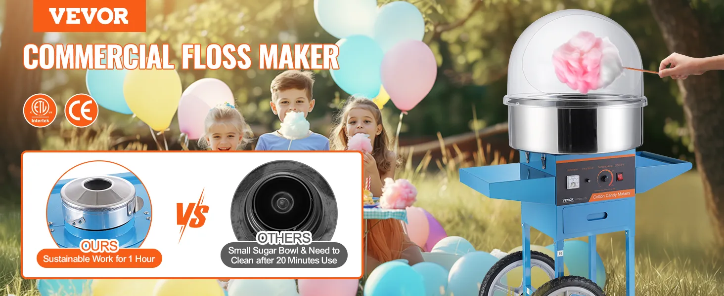 Elektrische suikerspinmachine van VEVOR met kleurrijke ballonnen en kinderen op de achtergrond.