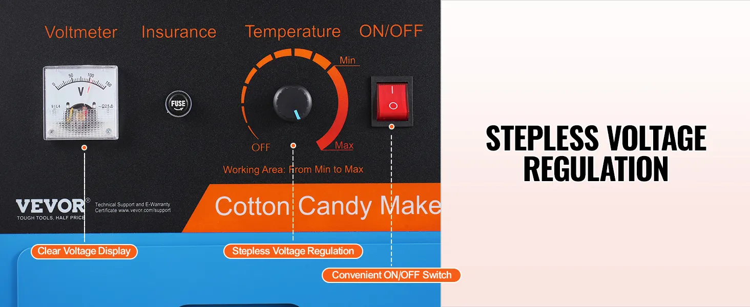 Bedieningspaneel van de VEVOR elektrische suikerspinmachine met duidelijke spanningsweergave, traploze regeling en aan/uit-schakelaar.