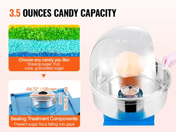 Elektrische suikerspinmachine van VEVOR met een capaciteit van 100 gram en veelzijdige suikeropties.