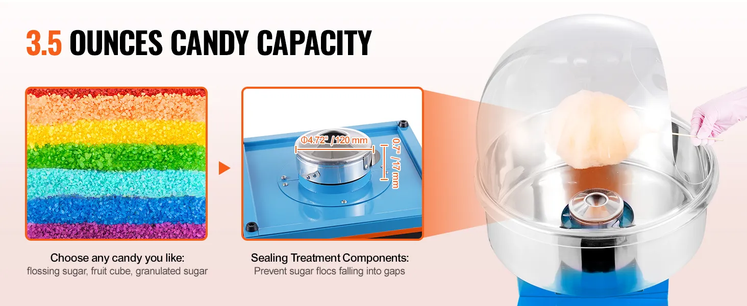 Elektrische suikerspinmachine van VEVOR met een capaciteit van 100 gram en veelzijdige suikeropties.