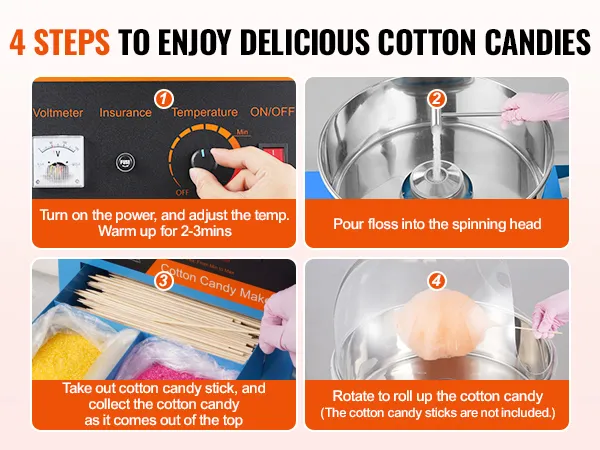 Handleiding in 4 stappen voor het maken van suikerspin met de VEVOR elektrische suikerspinmachine, waarbij elk proces wordt getoond.