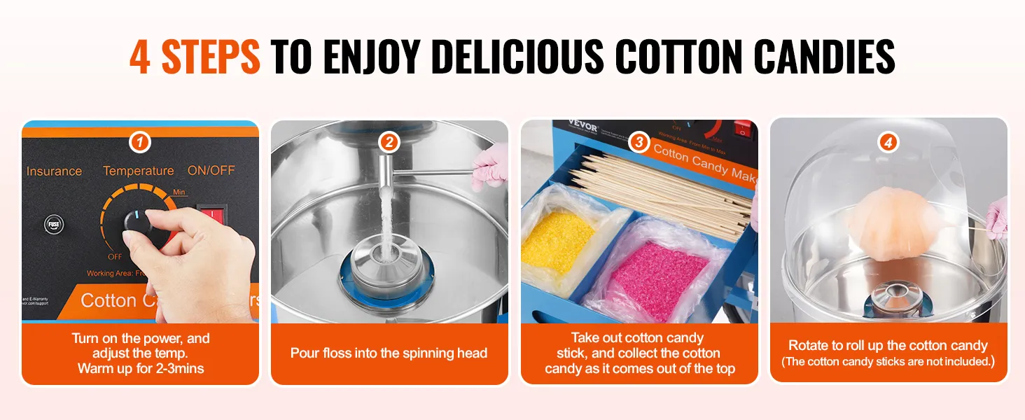 Handleiding in 4 stappen voor het maken van suikerspin met de VEVOR elektrische suikerspinmachine, waarbij elk proces wordt getoond.