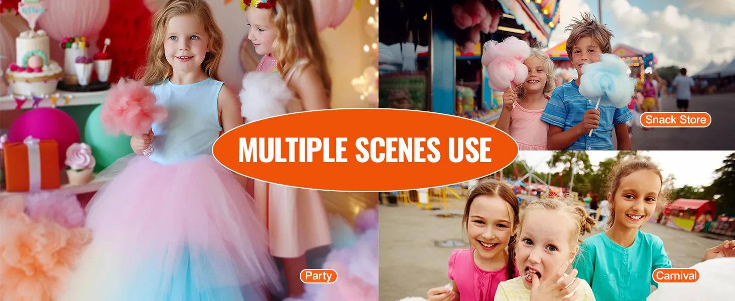 Elektrische suikerspinmachine van VEVOR voor feestjes, snackbars en kermissen met blije kinderen.