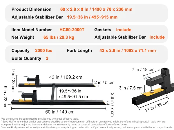 VEVOR pallet forks, 2000 lbs capacity, 60 x 2.8 x 9 in, adjustable stabilizer bar, model hc60-2000t.