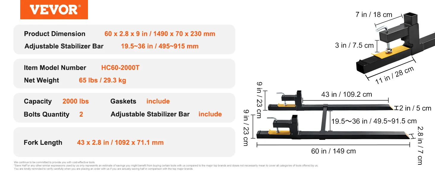 VEVOR pallet forks, 2000 lbs capacity, 60 x 2.8 x 9 in, adjustable stabilizer bar, model hc60-2000t.
