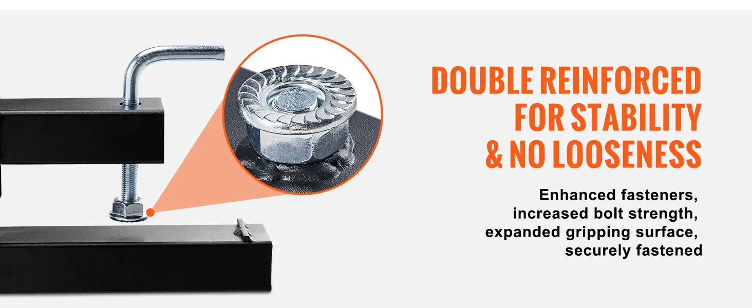 enhanced fasteners on VEVOR pallet forks ensure double reinforced stability, no looseness, securely fastened.