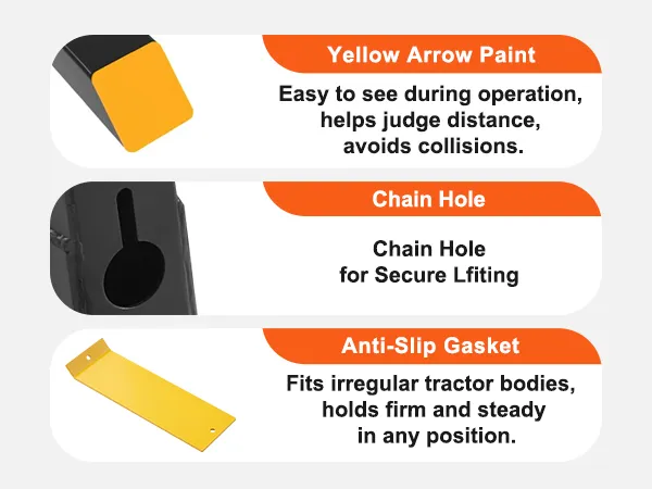 VEVOR pallet forks highlighting yellow arrow paint, chain hole, and anti-slip gasket for secure lifting.