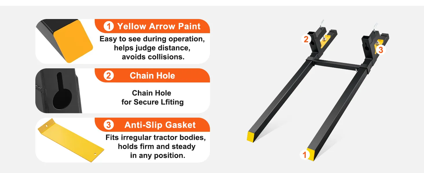 VEVOR pallet forks highlighting yellow arrow paint, chain hole, and anti-slip gasket for secure lifting.