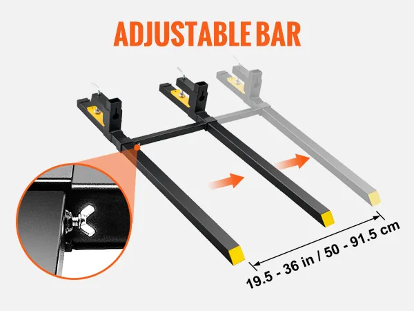 VEVOR pallet forks with adjustable bar range 19.5" to 36", preventing separation during use.