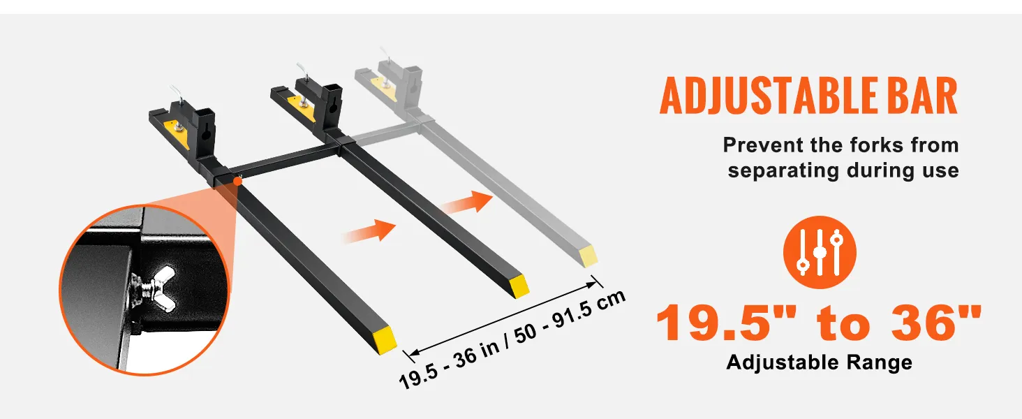VEVOR pallet forks with adjustable bar range 19.5" to 36", preventing separation during use.