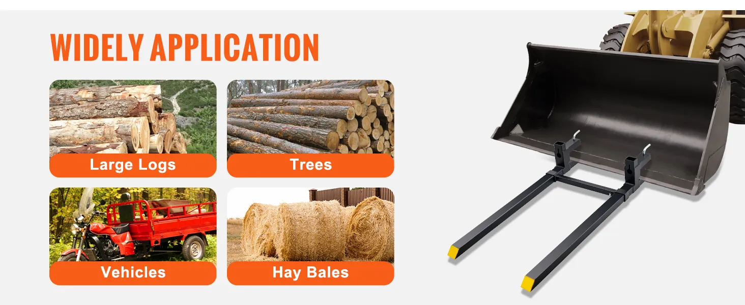 VEVOR pallet forks used for large logs, trees, vehicles, and hay bales, demonstrating wide application.