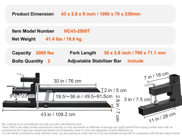 VEVOR pallet forks dimensions and specifications, including capacity, weight, and adjustable stabilizer bar.