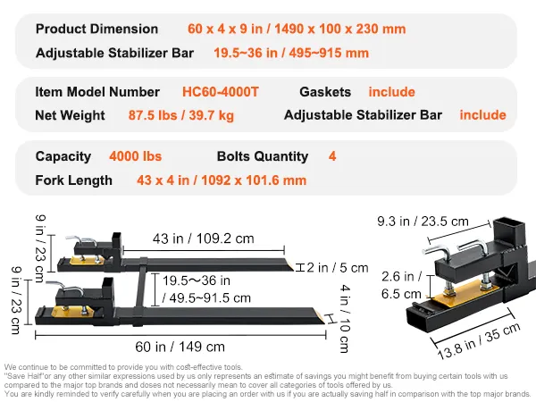 VEVOR pallet forks specifications: 4000 lbs capacity, adjustable stabilizer bar, and 43" fork length.