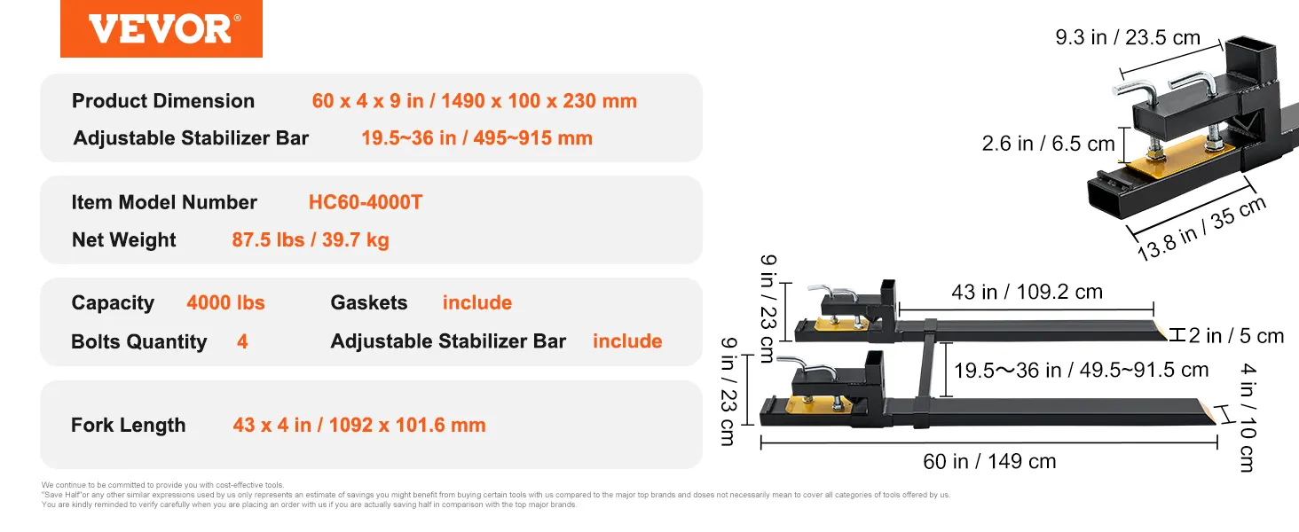VEVOR pallet forks specifications: 4000 lbs capacity, adjustable stabilizer bar, and 43" fork length.