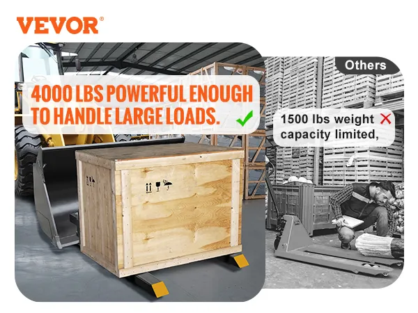 VEVOR pallet forks lifting 4000 lbs crate, outperforming others with 1500 lbs capacity in a warehouse.