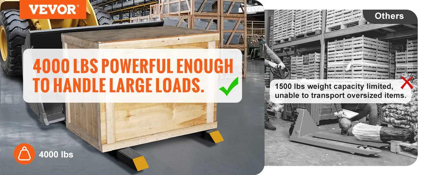 VEVOR pallet forks lifting 4000 lbs crate, outperforming others with 1500 lbs capacity in a warehouse.