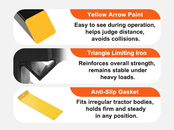 VEVOR pallet forks with yellow arrow paint, triangle limiting iron, and anti-slip gasket for stability.