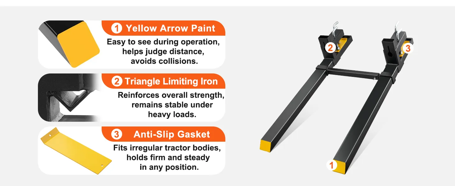 VEVOR pallet forks with yellow arrow paint, triangle limiting iron, and anti-slip gasket for stability.
