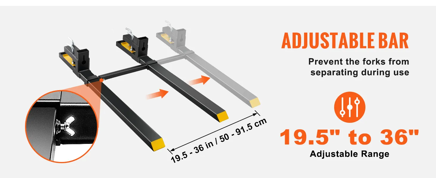 VEVOR pallet forks adjustable bar, prevents separation, adjustable range 19.5" to 36".