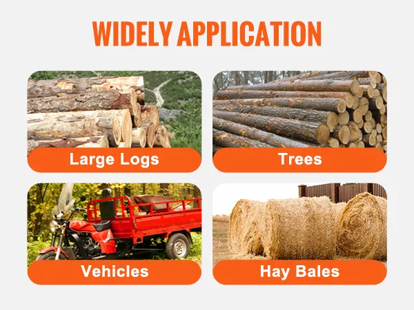 VEVOR pallet forks with loader bucket, suitable for large logs, trees, vehicles, and hay bales.