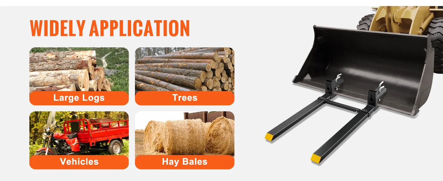 VEVOR pallet forks with loader bucket, suitable for large logs, trees, vehicles, and hay bales.