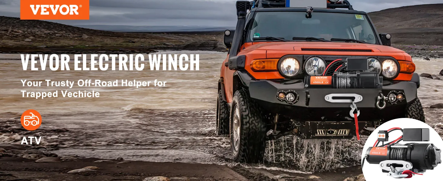 orange off-road suv with VEVOR electric winch crossing a muddy river, highlighting its reliability for atvs.