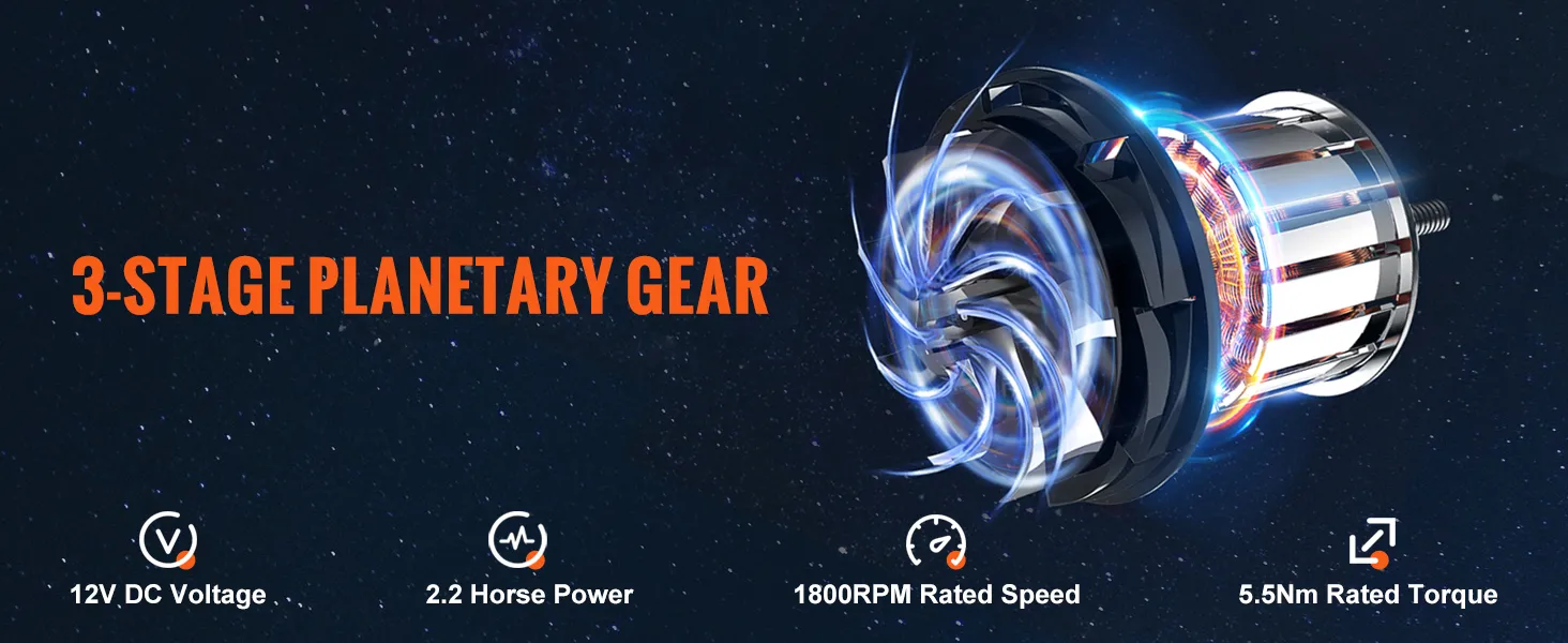 3-stage planetary gear of VEVOR electric winch with 12v dc, 2.2hp, 1800rpm, and 5.5nm torque.