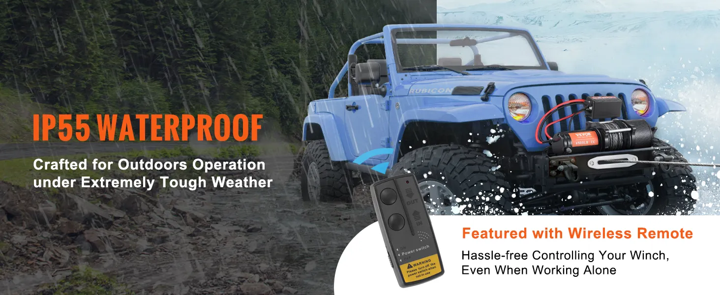 blue suv with VEVOR electric winch, ip55 waterproof rating, wireless remote, and rugged terrain setting.
