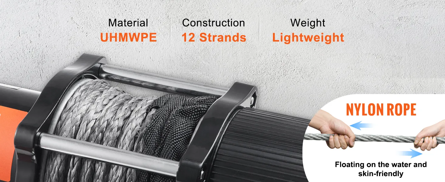 VEVOR electric winch with uhmwpe nylon rope, 12 strands construction, lightweight.
