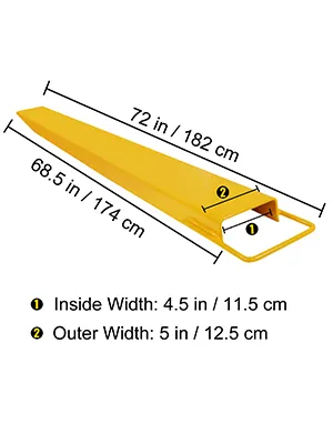 VEVOR pallet fork extension 72in with dimensions and widths in yellow.