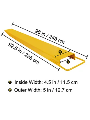 VEVOR fork extensions, 96in length, with 4.5in inside width and 5in outer width.