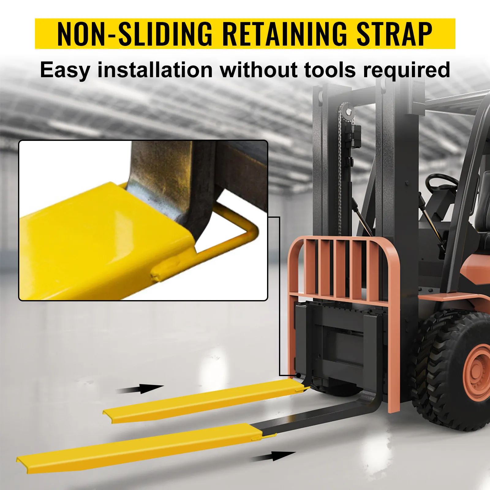 forklift with yellow VEVOR fork extensions featuring a non-sliding retaining strap.
