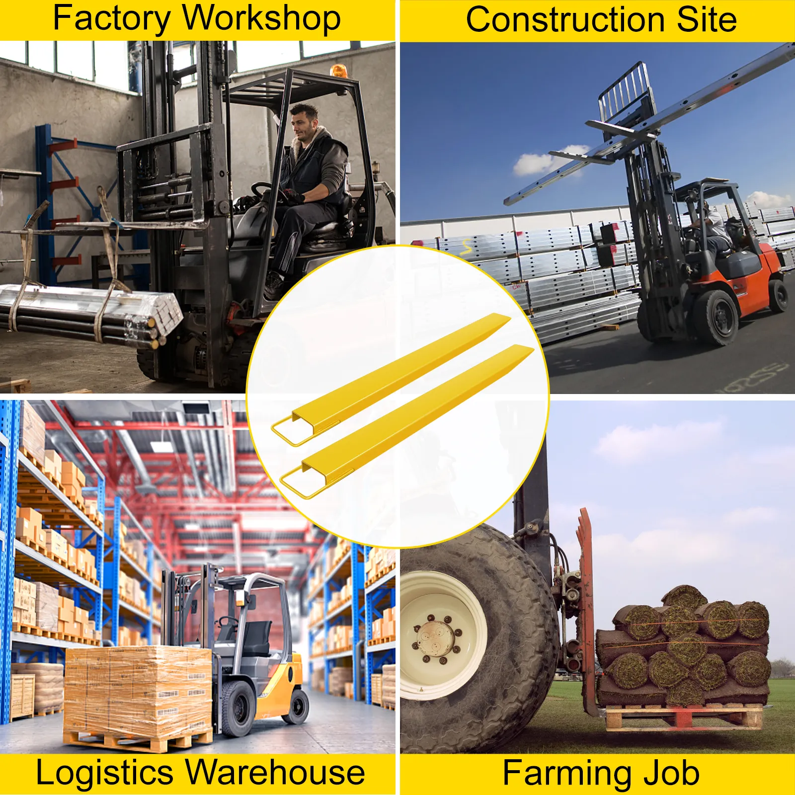 VEVOR fork extensions in use across factory workshop, construction site, warehouse & farming.
