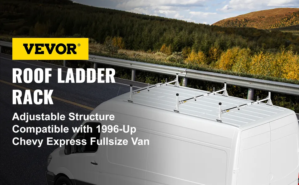 VEVOR van roof ladder rack on a white chevy express van, parked near a scenic roadside.