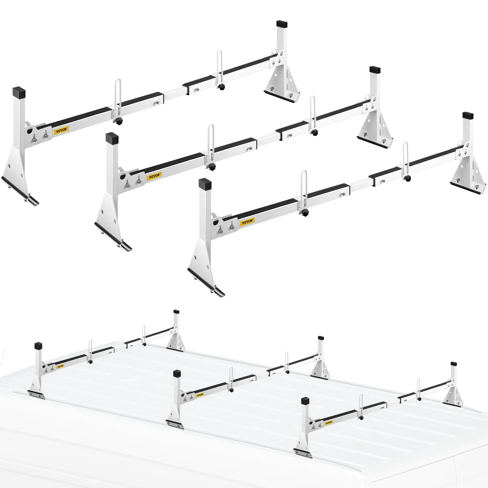 VEVOR van ladder roof racks installed on a white van, showcasing sturdy black and white brackets.