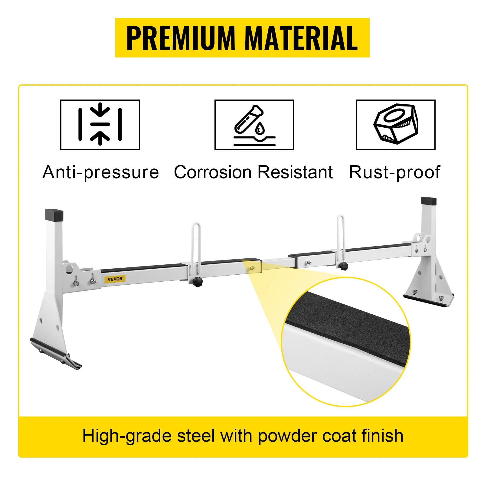 VEVOR van ladder roof racks made of high-grade steel, anti-pressure, corrosion-resistant, and rust-proof.
