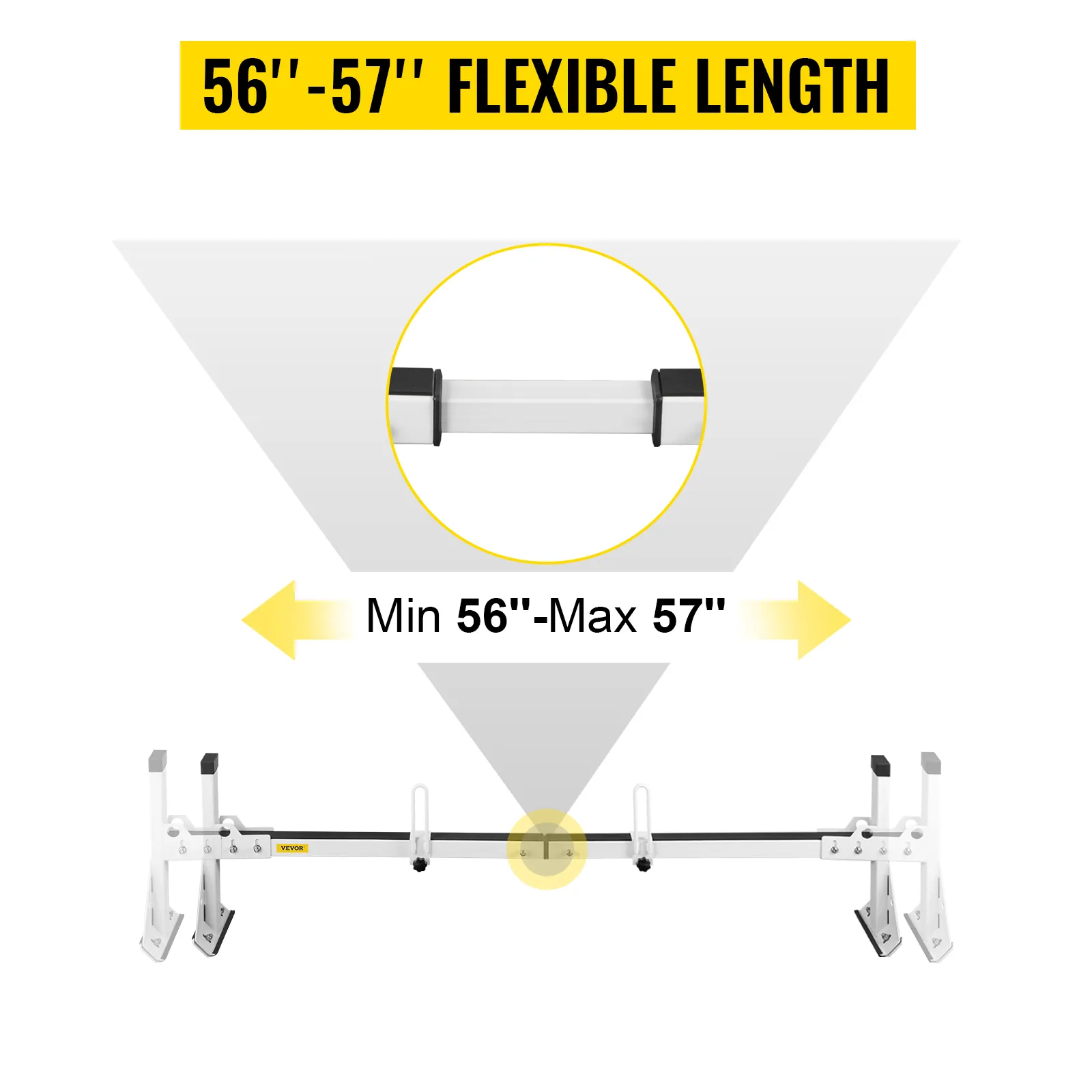 VEVOR van ladder roof racks with adjustable length from 56 to 57 inches for flexible installation.