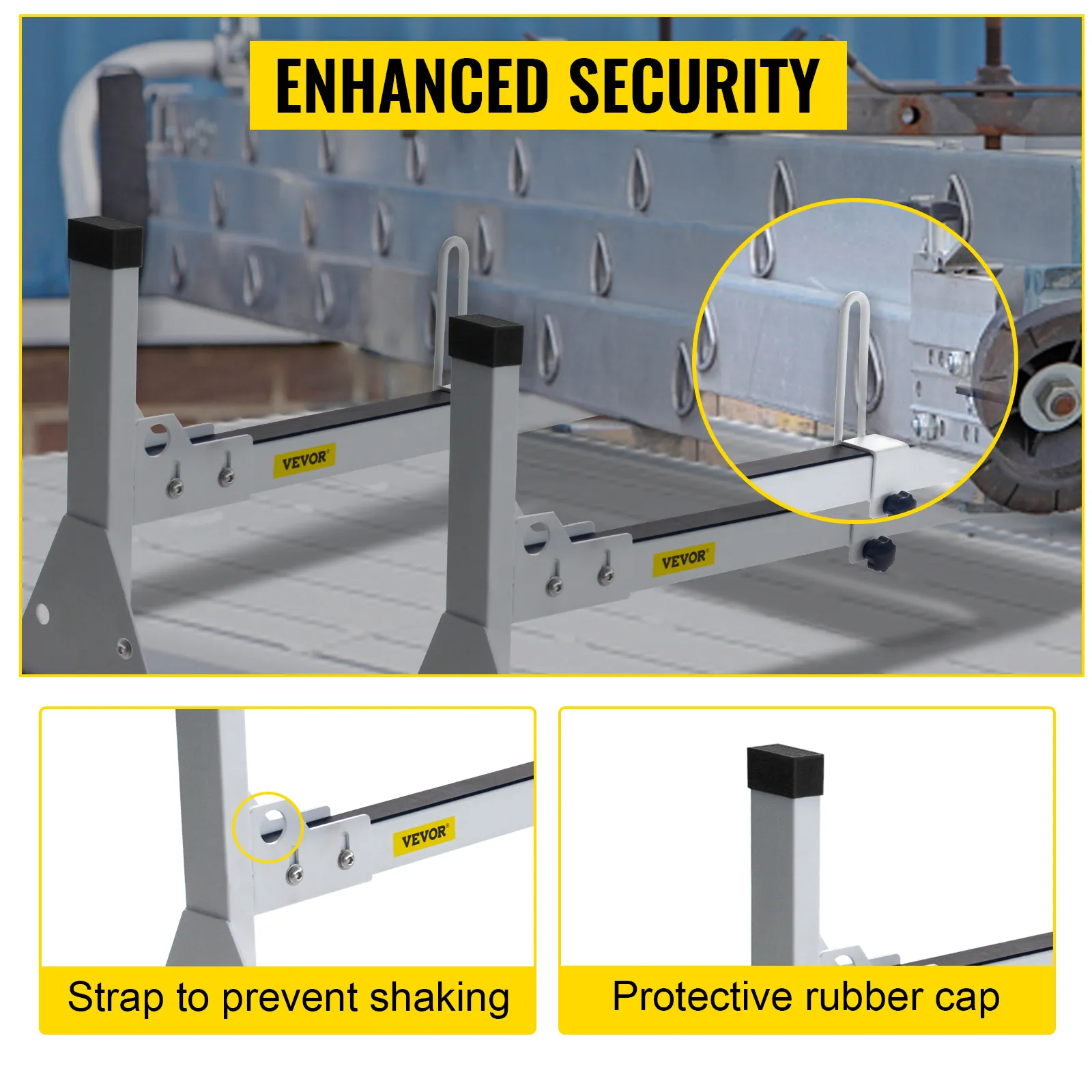 VEVOR van ladder roof racks with enhanced security, anti-shake strap, and protective rubber cap.