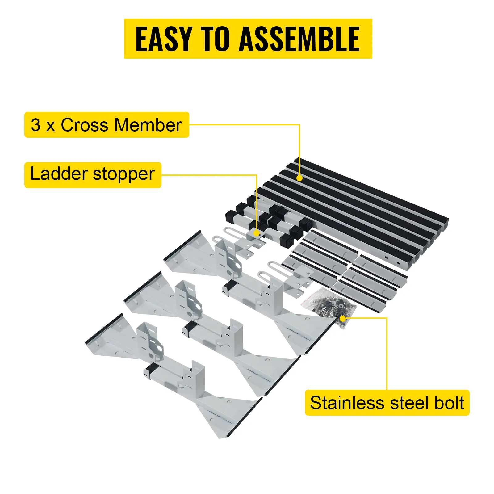 VEVOR van ladder roof racks with cross members, ladder stoppers, and stainless steel bolts, easy assembly.