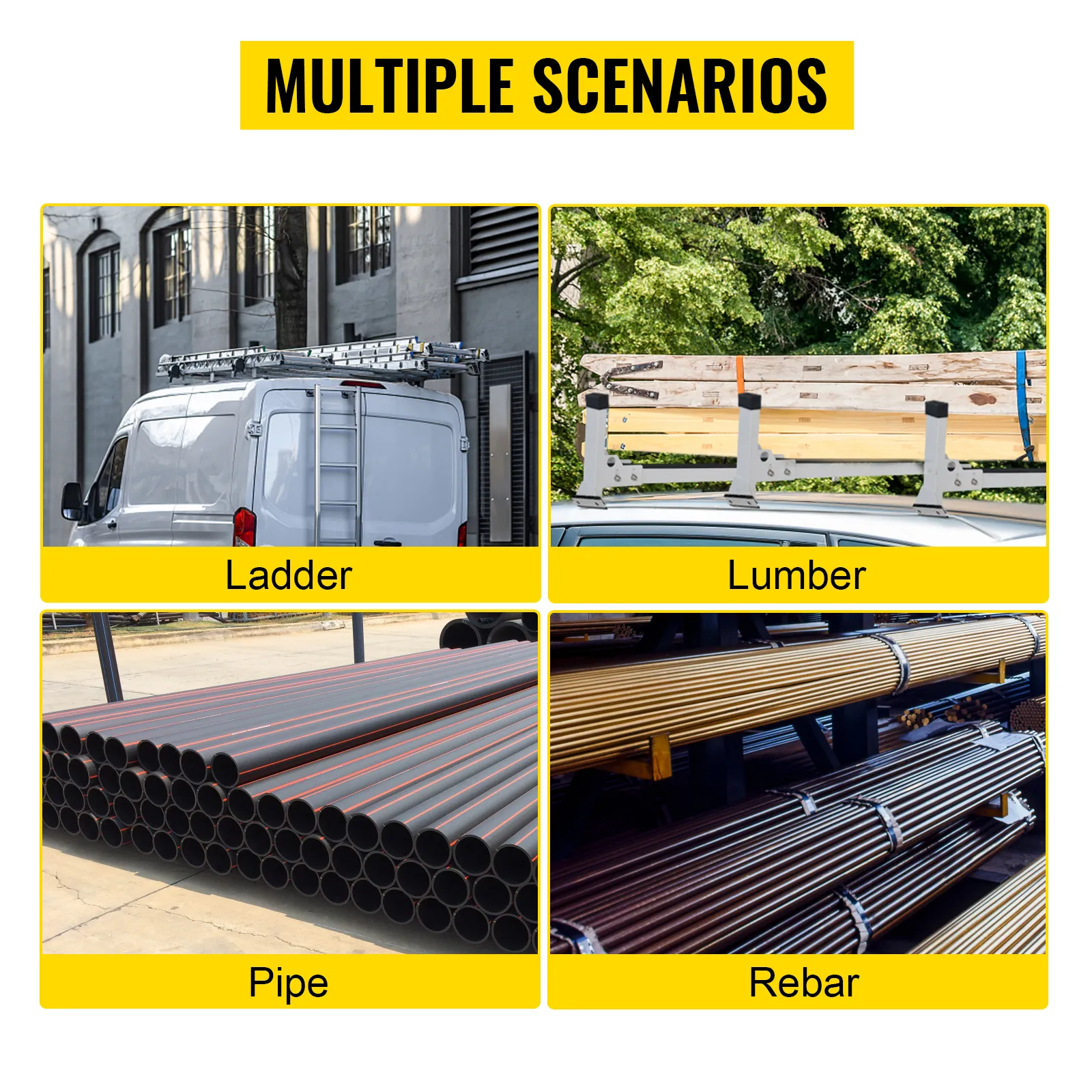 VEVOR van ladder roof racks for carrying ladder, lumber, pipe, and rebar in multiple scenarios.