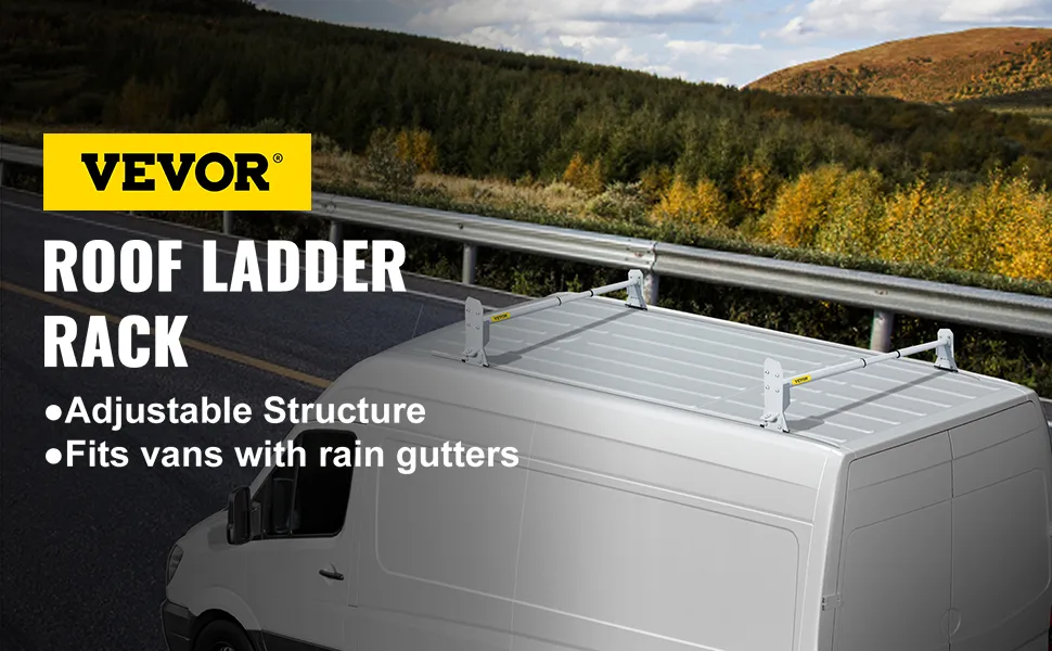VEVOR van roof ladder rack on a white van, adjustable and fits vans with rain gutters, forest backdrop.