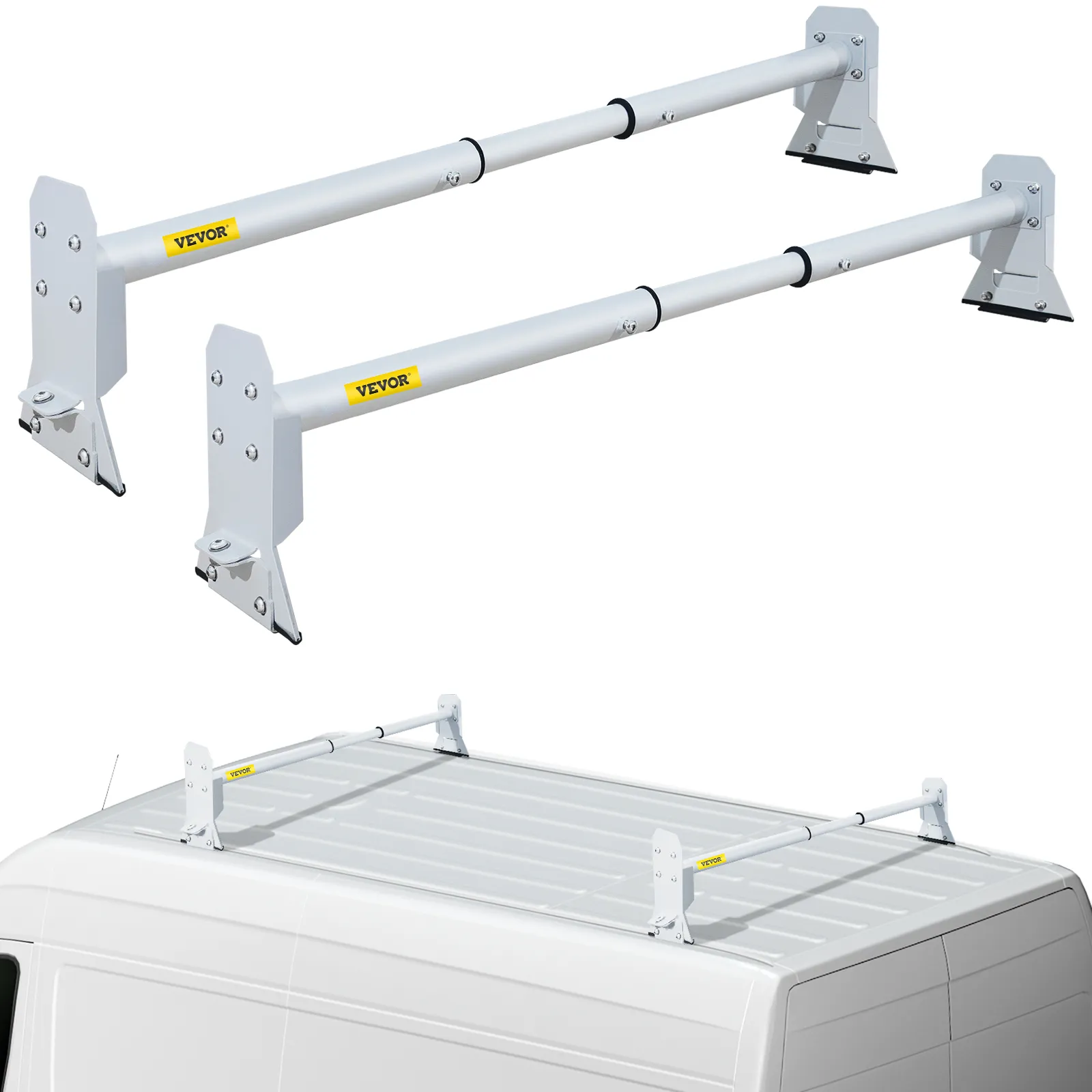 VEVOR van roof ladder rack on top of white van, showcasing its sturdy and adjustable design.